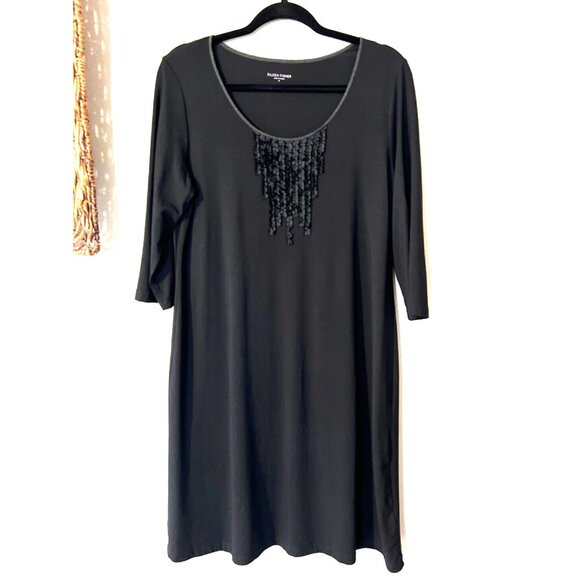 Eileen Fisher Dress Black M Medium Pleated Bib Washable A Line Stretch - Picture 7 of 10